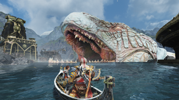 Kratos y Atreus adentrándose en la boca de Jörmungandr