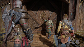 Sindri ante Kratos y Atreus en GOW Ragnarok