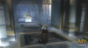 Kratos, standing in front of a pressure plate
