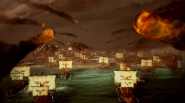 La flota persa dispara sus ballestas contra Ática.