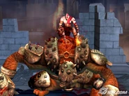 Kratos climbing the Cyclops Enforcer.