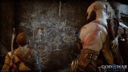 Kratos and Atreus view a mural.