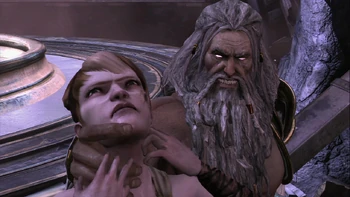 Zeus agarrando por el cuello a Pandora.
