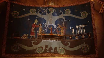 Yggdrasil and the Nine Realms (represented by runes) as Týr builds his temple.