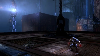 Kratos sobre uno de los bloques del Laberinto.