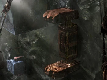 Arte conceptual de un mecanismo exterior del Laberinto en las Cavernas del Olimpo.