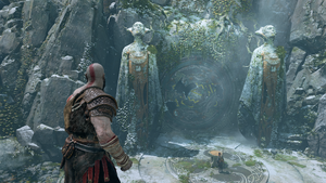 Kratos y Atreus en la entrada al Paso del Río con estatuas de Elfos de la Luz