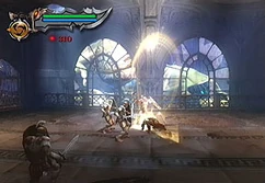 Kratos fighting the soldiers of Rhodes within the temple.