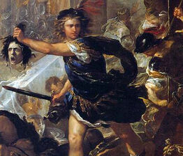 English: Oil on canvas of the god Mercury and goddess Minerva providing the  warrior Perseus with armor to battle the Gorgon, Medusa. Italian: Perseo  giovane armato da Mercurio ed Atena Perseus