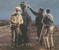 SoshingekiGoji gets his hair sprayed.jpg (161 KB) The SoshingekiGoji suit is readied for a scene in Godzilla vs. Hedorah