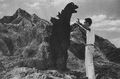 Godzilla and a Man Standing on a Mountain