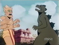 Godzilla and the Golden Guardian roaring at each other