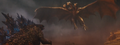 King Ghidorah's flight towards Godzilla.