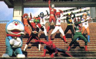 Icons of tokusatsu in the late 1970s: Spider-Man, Kamen Rider Stronger, Kamen Rider V3, Battle Fever J, Ultraman Joneus, as well as the manga and anime icon Doraemon