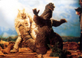 An infamous Production shot of Godzilla fighting Wolfman