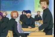 Hasegawa way back laughing, behind a classmate with purple hat and Sonomura