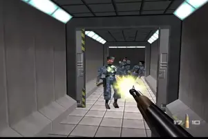 Gameplay screenshot of , with James Bond shooting down several enemy guards with the 