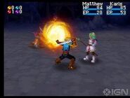 A battle scene with Matthew and Karis, launching an energy ball at a lone enemy.