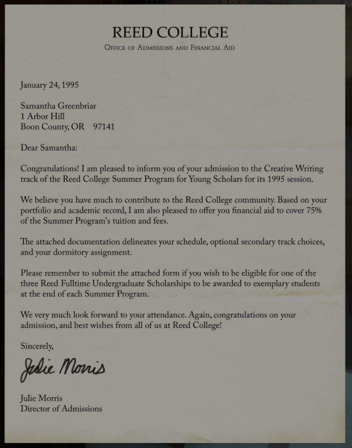 Reed College admission letter Gone Home Wiki Fandom