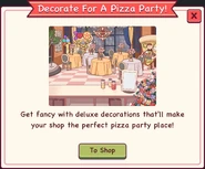Promo for party-themed pizzeria decorations