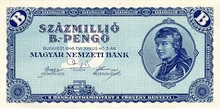 1020  banknote from Hungary in 1946. It is printed with "Százmillió B. Pengő", where "százmillió" means one hundred million, "B." stands for billió, which is equivalent to a billion in the long scale, or a trillion in the short scale.'"`UNIQ--ref-00000013-QINU`"' Therefore it means 100 million trillion = 100 quintillion.