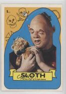 The more "smooth and cartoonish" makeup for Sloth, as seen on a sticker card.