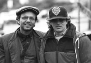 Spielberg with Joe Pantoliano during the filming of The Goonies.