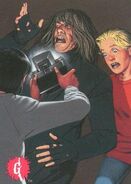 Shari (left) as depicted on the final version of the Evil Unleased Topps trading card.