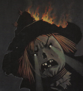 A scarecrow as depicted on the French cover of The Scarecrow Walks at Midnight.