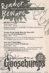 Book advertisement from The Curse of Camp Cold Lake. Also advertises Escape from Camp Run-For-Your-Life and the Goosebumps Presents adaptation of "You Can't Scare Me!"