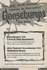 Book advertisement from Werewolf Skin and More & More & More Tales to Give You Goosebumps. Also advertises Zapped in Space.