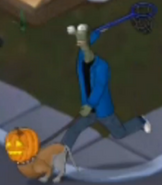 An unmasked Pumpkin Head with Pumpkin Head dog in Goosebumps HorrorTown.