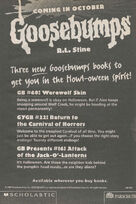 Book advertisement with corrected title. Also advertises Return to the Carnival of Horrors and the Goosebumps Presents adaptation of "Attack of the Jack-O'-Lanterns".