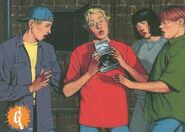 Greg (center) as depicted on the final version of the Curious Camera Topps trading card.