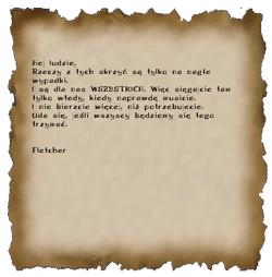 Ogłoszenie Fletchera przyczepione do jednej z chat na 