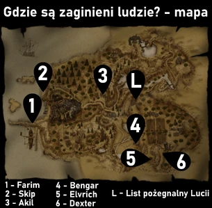 Lokalizacja listu pożegnalnego Lucii i wszystkich związanych z zadaniem postaci na mapie terenów Khorinis