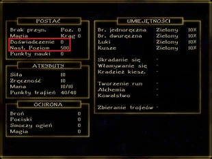 Panel informacji o bohaterze z zaznaczoną sekcją, w której znajdują się informacje o liczbie punktów doświadczenia w Gothic II