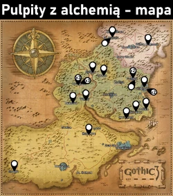 Mapa z zaznaczoną lokalizacją pulpitów, które dają alchemię