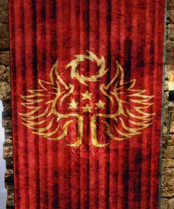 Rhobars Zeichen: Die Sonne steht für den König, die Sterne für seine vier Reiche und das geflügelte Innossymbol für seinen Glauben