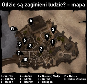 Lokalizacja wejścia do gildii złodziei i wszystkich związanych z zadaniem postaci na mapie miasta Khorinis