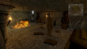 Komnata w lewym skrzydle Biblioteki Uczonych – położenie kamiennej tablicy łuczników III (w kufrze) oraz żółtej kamiennej tablicy