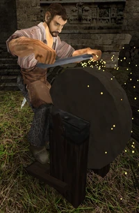 Huno ostrzący miecz na 