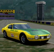 A Toyota 2000GT '67 with racing modifications applied (NTSC-U version of Gran Turismo 2). Due to the non-existence of Esso in the United States, all the references to Esso are changed to Exxon. The liveries' colour scheme would be later re-used in GT Sport.