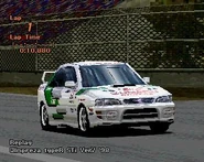 A Subaru IMPREZA Coupe WRX typeR STi Version V '98 with racing modifications applied. This is the second of the two racing schemes available.