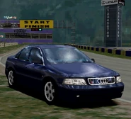 The Audi S4 '98 as it appears in Gran Turismo 2. It is shown in its Velvet Blue color scheme, only available in that game.