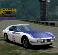 A Toyota 2000GT '67 with racing modifications applied (PAL and NTSC-J versions of Gran Turismo 2). This makes the car resemble a racing version of the 2000GT built by Carroll Shelby.