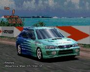 A Subaru IMPREZA Sedan WRX STi Version VI '99 with racing modifications applied. This is the first of the two racing schemes available. The livery itself is later used for the Nissan FALKEN☆GT-R Race Car '04.