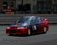 A Mitsubishi Lancer Evolution VI RS '99 with racing modifications applied.