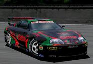 The special colored variant of the Toyota Castrol SUPRA GT (JGTC) '96. Like its regular counterpart, it is available with green stripes and blue stripes, but with its base being black.