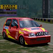 A Fiat Cinquecento Sporting with racing modifications applied. This is the first of the two racing schemes available. Curiously, this scheme is the only available in the NTSC version of the game.
